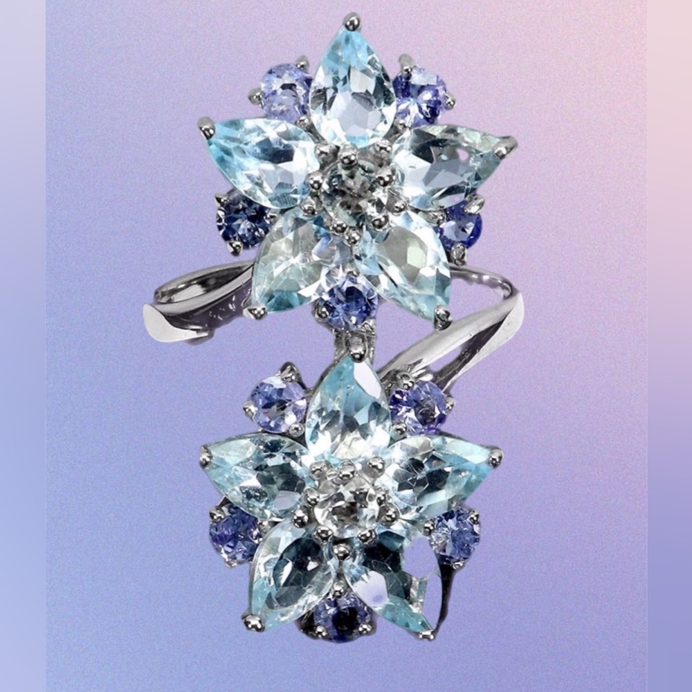 Enchanting Hi Quality Genuine Aquamarine, Tanzanite & Topaz Ring, A Work Of Art